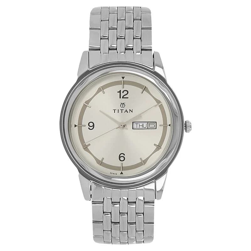 Titan Quartz Analog with Day and Date Silver Dial Stainless Steel Strap Watch for Men - NK1638SM01