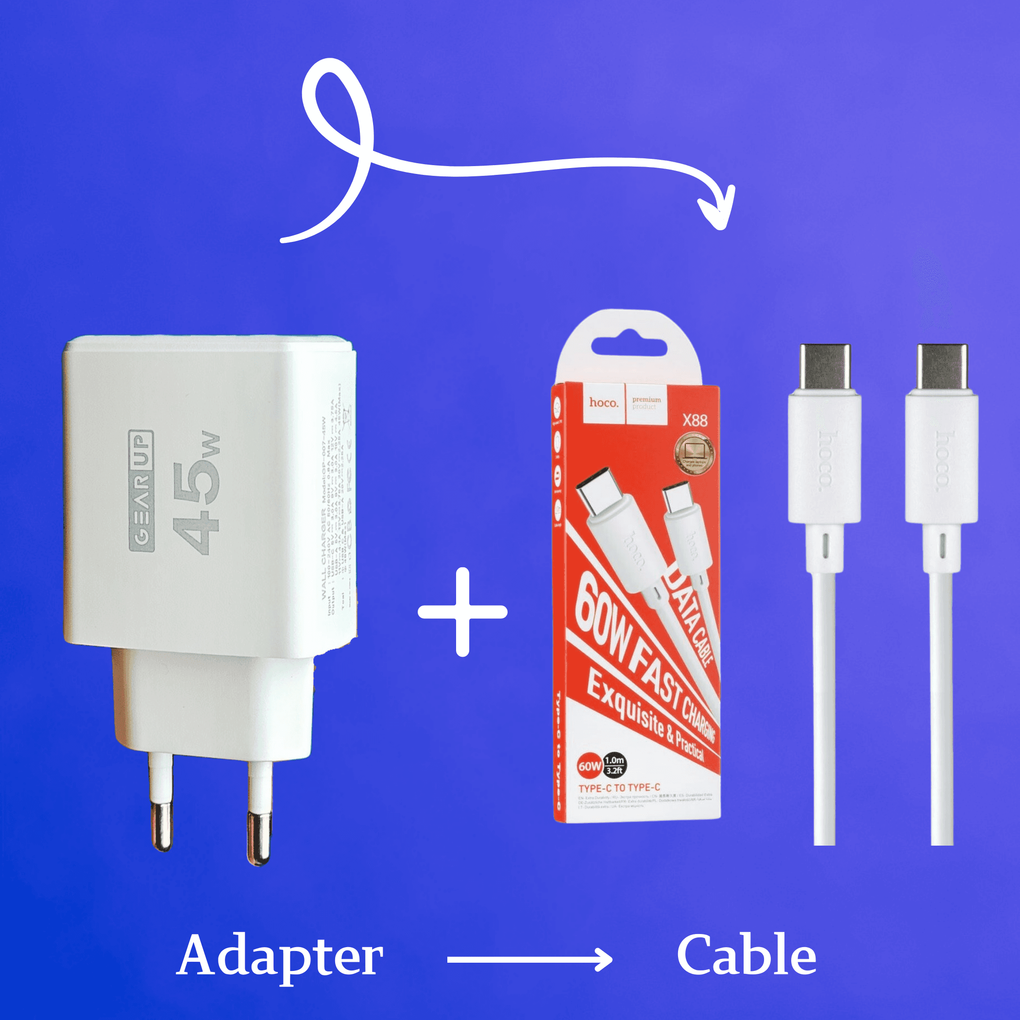 GearUP 45W Fast Charger + Hoco 1m PD Fast Charging Cable 60W - Combo