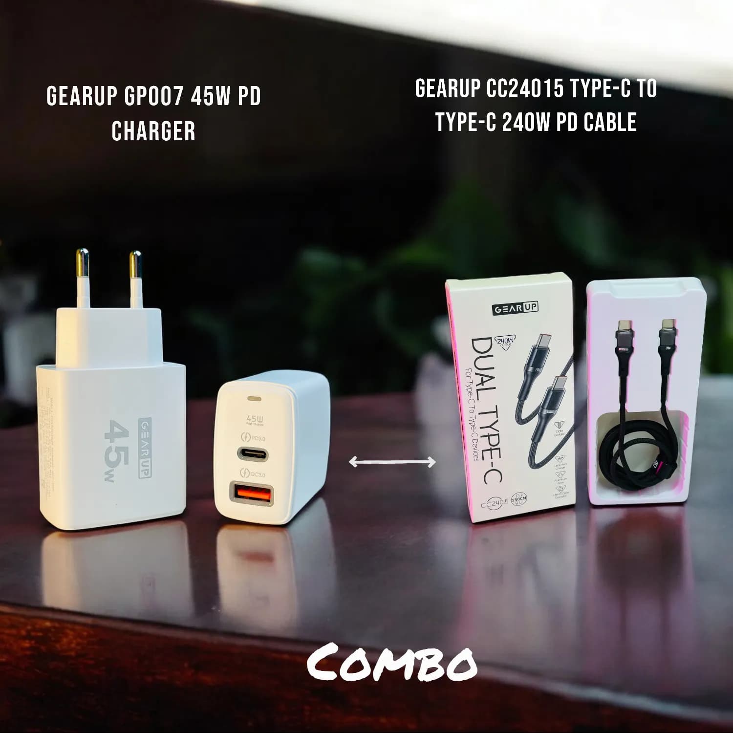 GearUP GP007 45W Fast PD Charger & GearUP CC24015 Type-C to Type-C 240W PD cable Combo