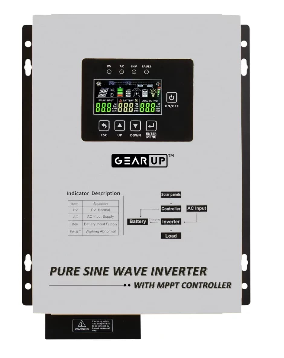 GearUP 1200W, 24V, Pure Sine Wave Solar Inverter With 40A MPPT Charge Controller (Lithium & Acid Battery Supported) - GHT-12K24 Plus
