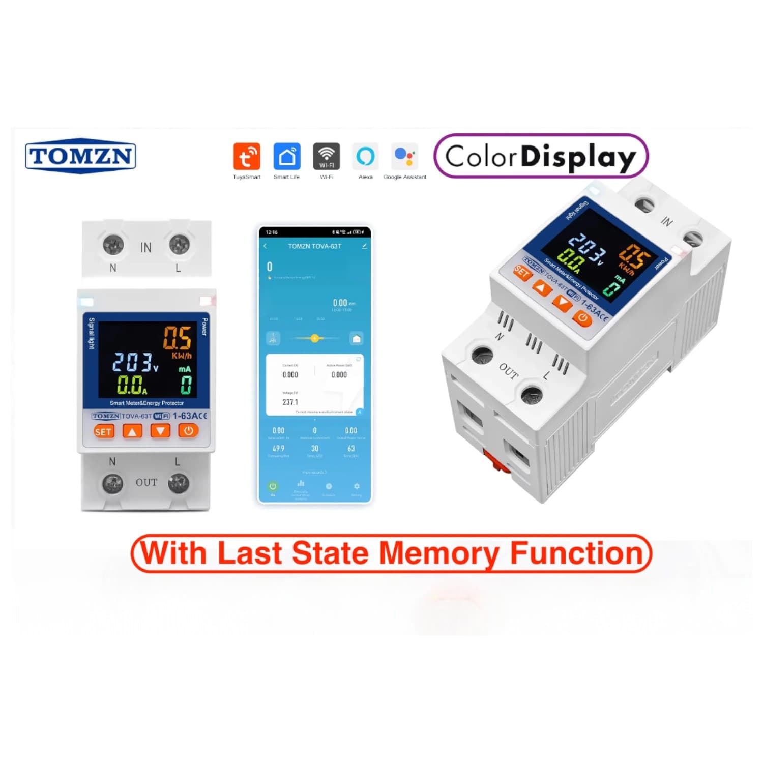 TOMZN TOVA-63T WIFI Circuit Breaker 63A Energy Meter, Timer, Voltage, Current Leakage Protection - Smartlife, TUYA App Support (Color Display)