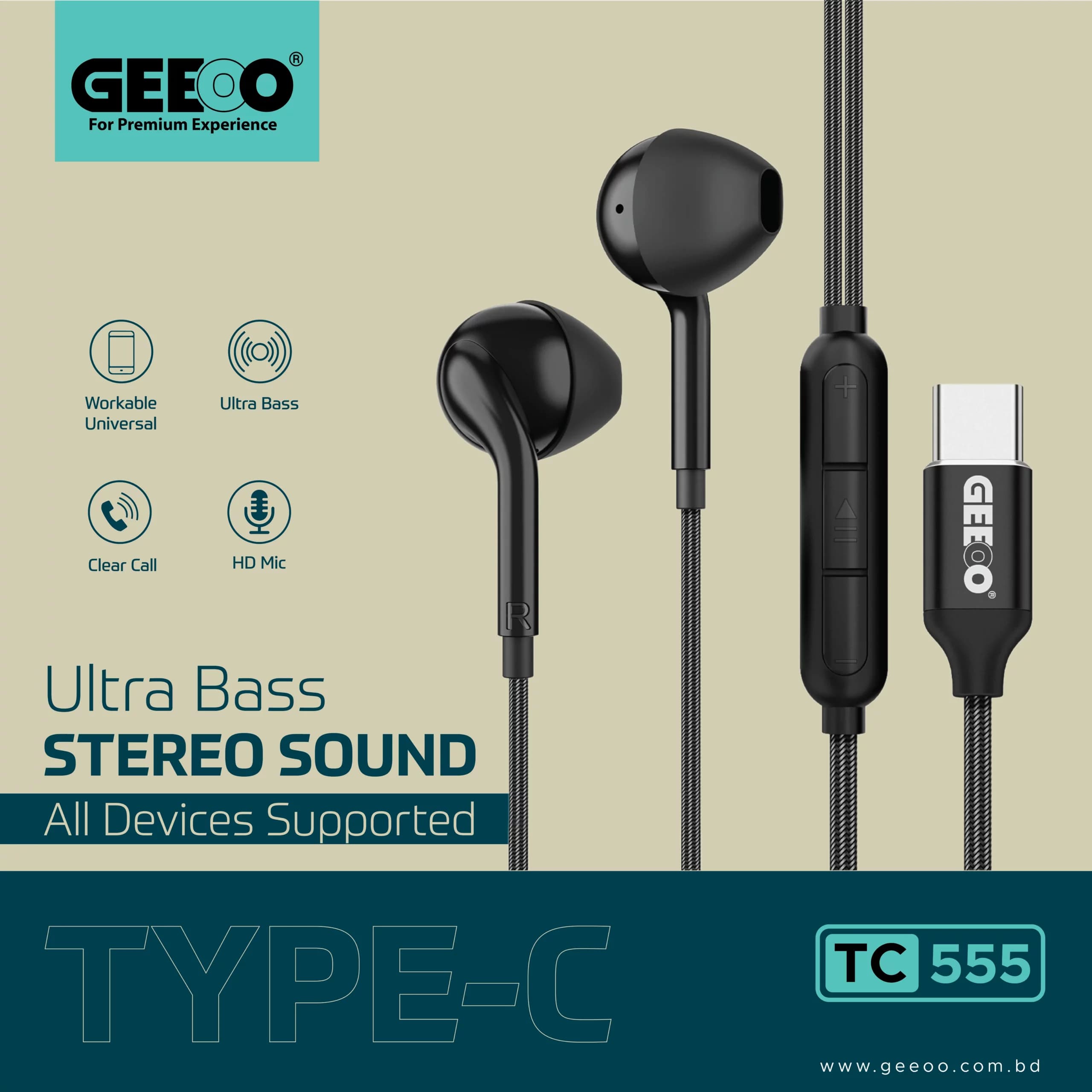 GEEOO TC-555 Type-C Ultra Bass Earphone - Black
