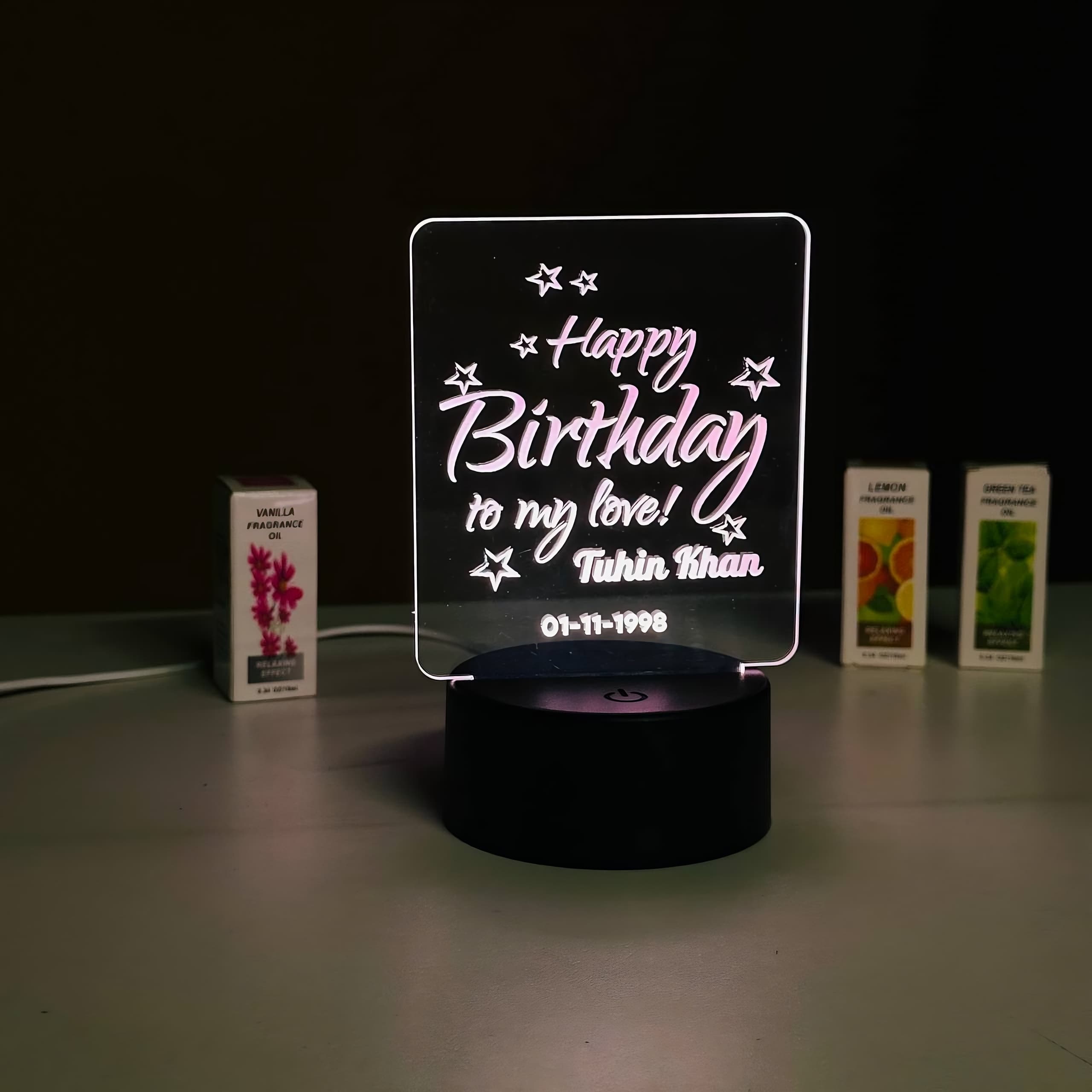 Customizable Happy Birthday Design Acrylic Multicolor Night Lamp - Black